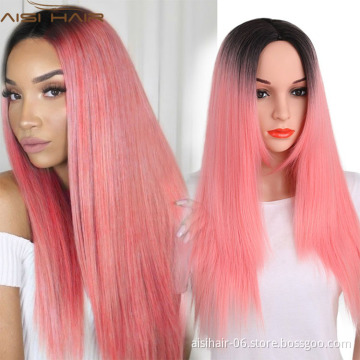 Factory Price Long Silky Straight Wave Hair , Ombre Pink Cosplay Wig , Synthetic Hair Wig